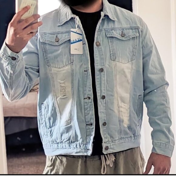 Light Wash Distressed Jean Jacket Ripped Acid Wash Slim Denim Trucker Jacket - Picture 7 of 8